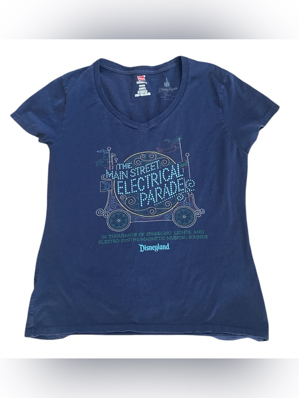 Disneyland Main Street Electrical Parade Graphic V-Neck Tee Women's Small Blue